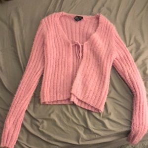 Open front tied sweater in baby pink